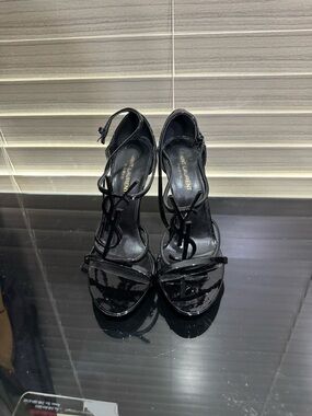 Saint Laurent Black Patent Leather Logo T-Strap Sandals